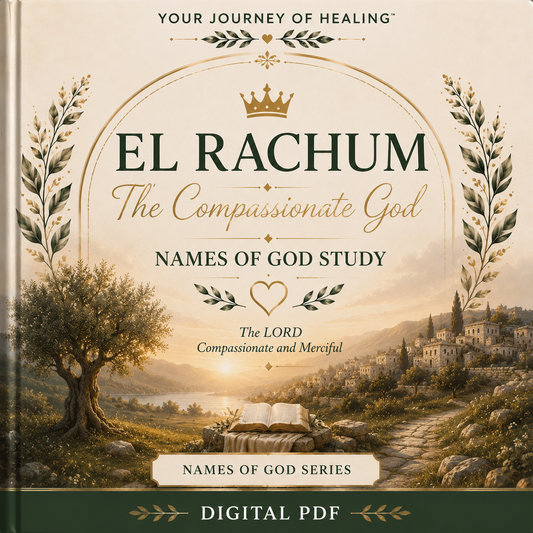 El Rachum (The Compassionate God) printable Bible study by Your Journey of Healing featuring an elegant botanical cover with a peaceful sunrise landscape, olive tree, open Bible, and winding path, symbolizing God's mercy, compassion, steadfast love, and faithful care as part of the Names of God Series.