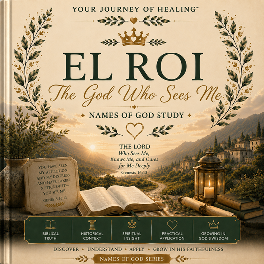 Front cover of the book 'EL ROI: The God Who Sees Me - Names of God Study' from the 'Your Journey of Healing' series. The cover features a warm sepia-toned background with a scenic mountain landscape at sunset, an open Bible, a lit candle lantern, and decorative olive branches framing the title.