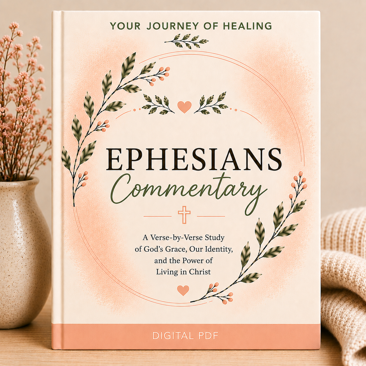 A book-style cover design for a digital PDF titled "Ephesians Commentary" with decorative green and peach botanical illustrations, shown standing upright on a tabletop beside a vase and knitted fabric.