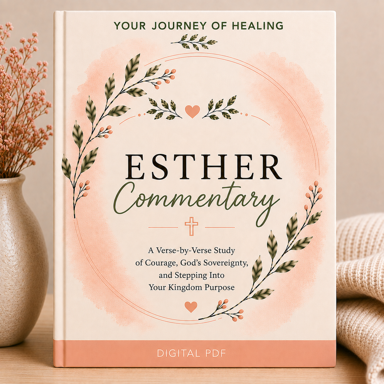 A book-style cover design for a digital product titled "ESTHER Commentary" with decorative floral wreaths and a soft peach watercolor background. The cover includes the text "YOUR JOURNEY OF HEALING" at the top and "DIGITAL PDF" at the bottom, shown standing upright on a tabletop with dried flowers and a knitted textile in the background.