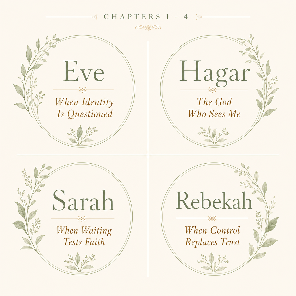 A book or ebook cover design with four circular title panels arranged in a 2x2 grid on a warm cream background. The top center reads 'CHAPTERS 1 - 4'.