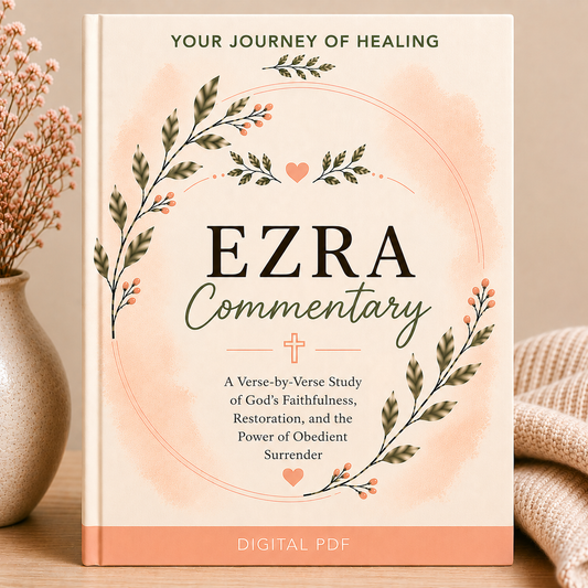 A book-style cover for a digital PDF titled "EZRA Commentary" with decorative floral wreaths and peach watercolor accents, shown standing upright on a tabletop with dried flowers and a knit blanket nearby.