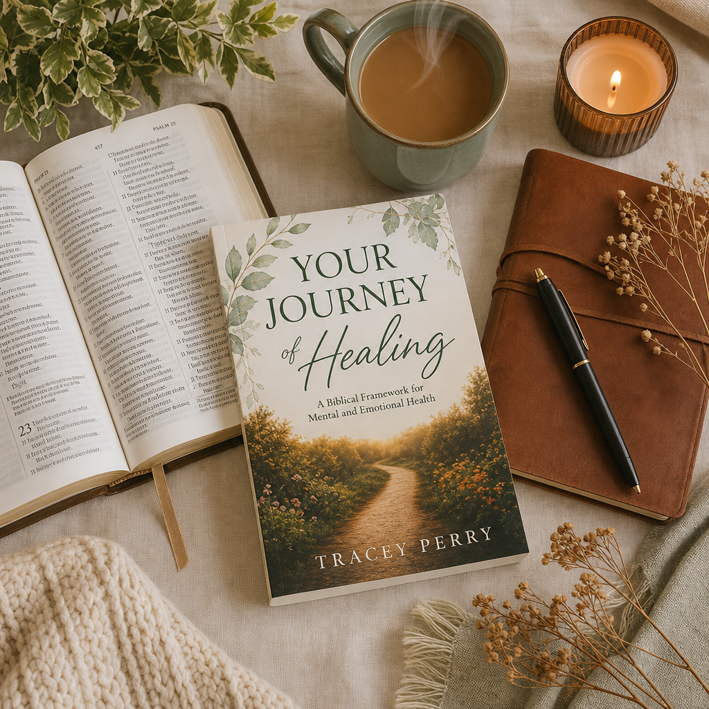 A styled flat-lay featuring a book titled 'Your Journey of Healing' by Tracey Perry, surrounded by an open Bible, a mug of coffee, a lit candle, a brown leather journal, and a black pen on a neutral fabric background.