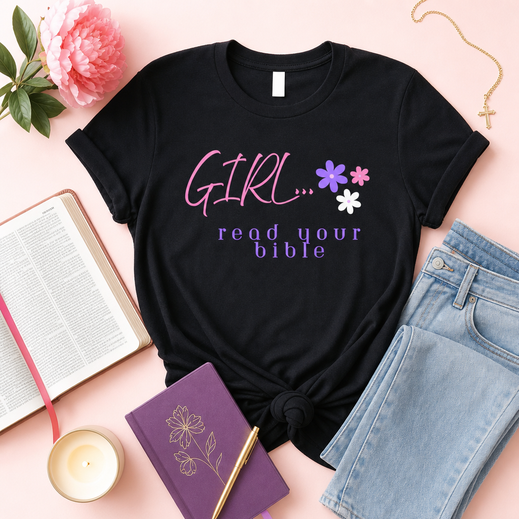 A black graphic T-shirt laid flat on a pink background, surrounded by styled props including an open book, a candle, a purple notebook, light blue jeans, a flower, and a necklace. The shirt has pink and purple text reading 'GIRL.