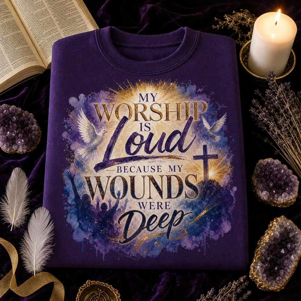 A folded purple crewneck sweatshirt with a graphic print reading 'MY WORSHIP IS Loud BECAUSE MY WOUNDS WERE Deep' in gold, white, and blue lettering, styled on a dark purple velvet background with candles, amethyst crystals, feathers, and an open book.