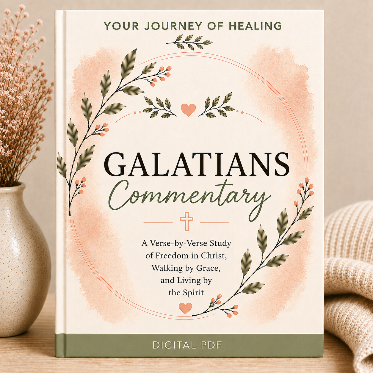 A book cover for a digital PDF titled "GALATIANS Commentary" is shown standing upright on a tabletop. The cover has a warm cream background with a peach watercolor wash, green and brown botanical leaf illustrations, and black and green typography.