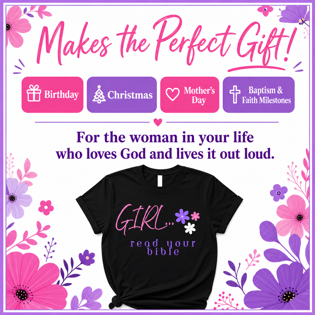 A promotional graphic for a black graphic t-shirt. The t-shirt features the text 'GIRL.