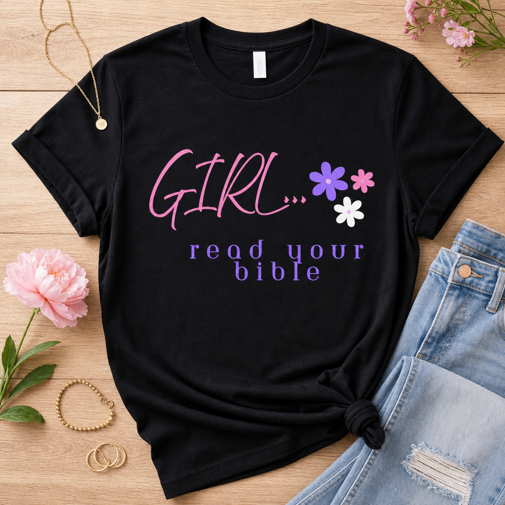 A black graphic t-shirt laid flat on a wooden surface, styled with pink flowers, a gold necklace, rings, and light-wash denim jeans. The t-shirt features the text 'GIRL.