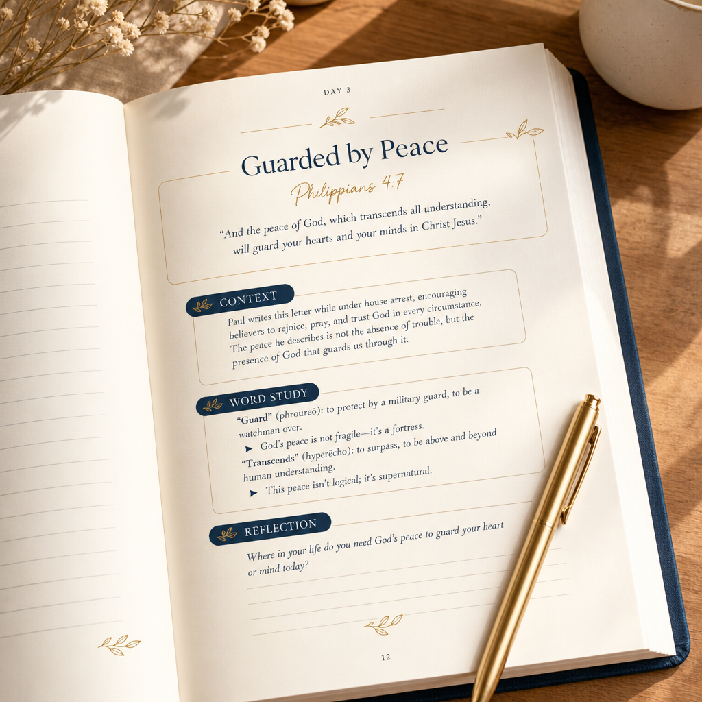 An open Bible study book titled 'Guarded by Peace' laid on a wooden surface, with a gold pen resting on the right page. The book has a navy blue cover and cream-colored pages with gold decorative accents.