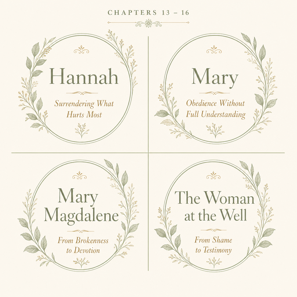 A book or ebook cover design featuring four circular botanical wreaths around biblical character names and quotes: Hannah, Mary, Mary Magdalene, and The Woman at the Well. The top reads 'CHAPTERS 13–16' on a warm cream background.