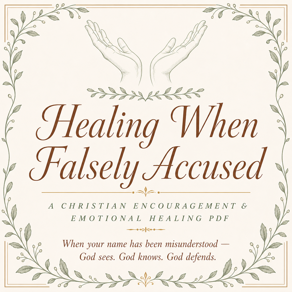 A digital cover design for a PDF titled 'Healing When Falsely Accused' with elegant brown serif text on a warm cream background, surrounded by a delicate leafy border and illustrated hands above the title.