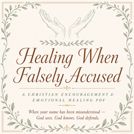 A digital cover design for a PDF titled 'Healing When Falsely Accused' with elegant brown serif text on a warm cream background, surrounded by a delicate leafy border and illustrated hands above the title.