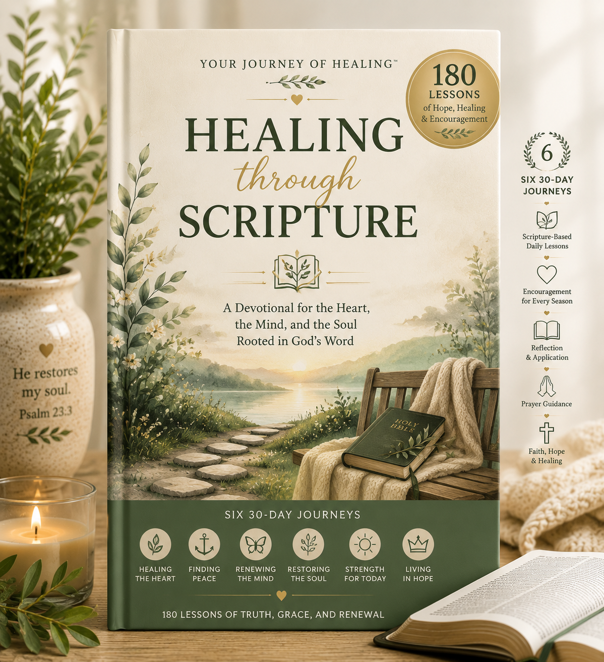 Healing Through Scripture 180-Day Christian devotional by Your Journey of Healing featuring an elegant botanical cover with a peaceful sunrise landscape, highlighting six 30-day journeys, 180 daily Scripture-based lessons, guided prayer, reflection, and biblical encouragement for spiritual healing and growth.