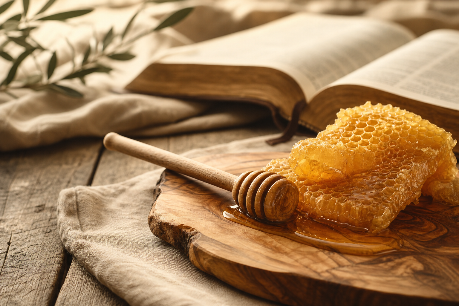 A wooden honey dipper resting on a piece of raw honeycomb with dripping golden honey, set on a rustic wooden board with a linen cloth and an open book in the background.