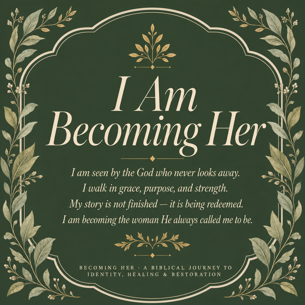 A square book or digital cover design with a dark green background, cream and white typography reading 'I Am Becoming Her,' and a decorative border of pale botanical leaves and vines around the edges.