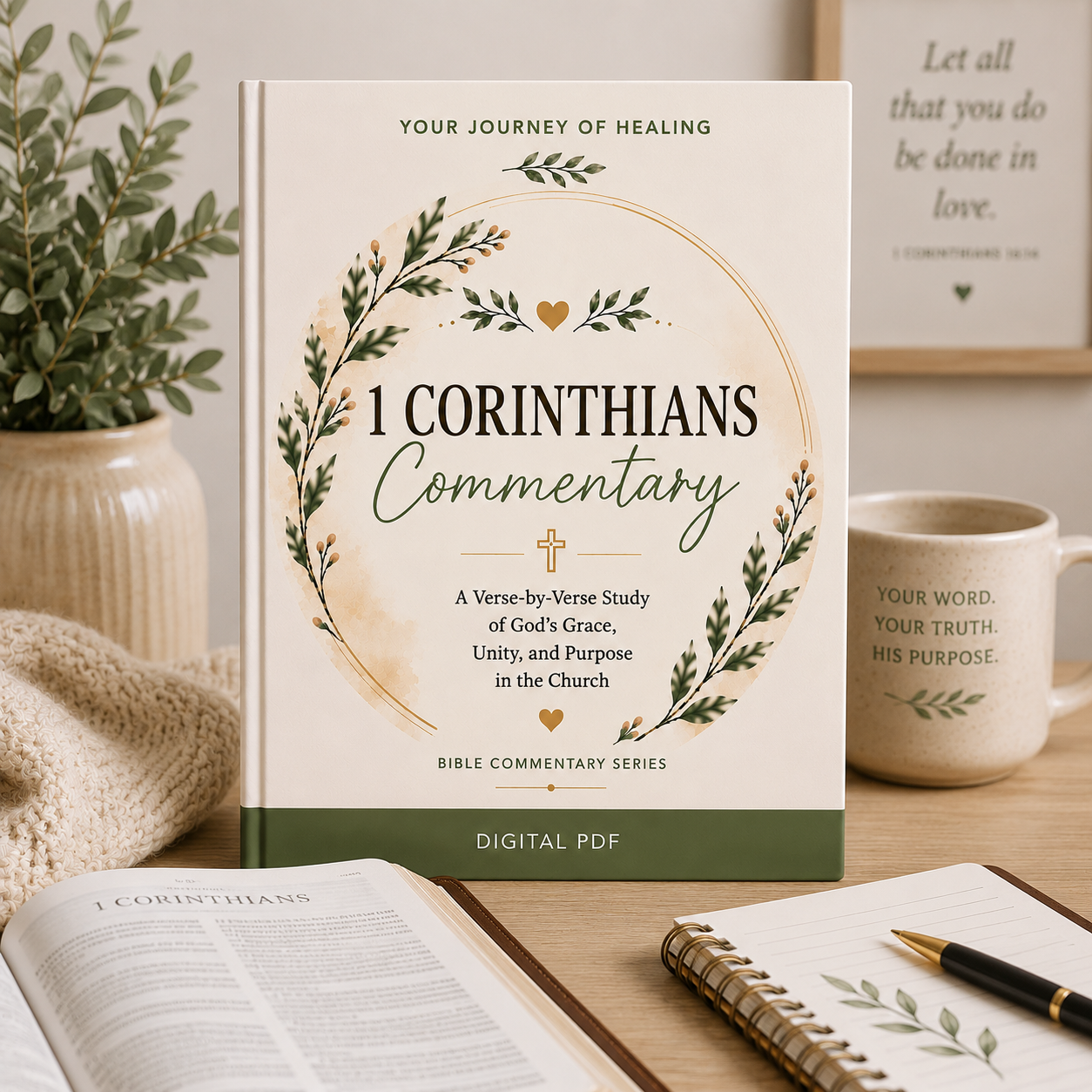 1 Corinthians Commentary printable PDF by Your Journey of Healing featuring an elegant cream and botanical cover design, open Bible, journal, coffee mug, and cozy Bible study setting, highlighting a verse-by-verse study of God's grace, unity, and purpose in the church from the Bible Commentary Series