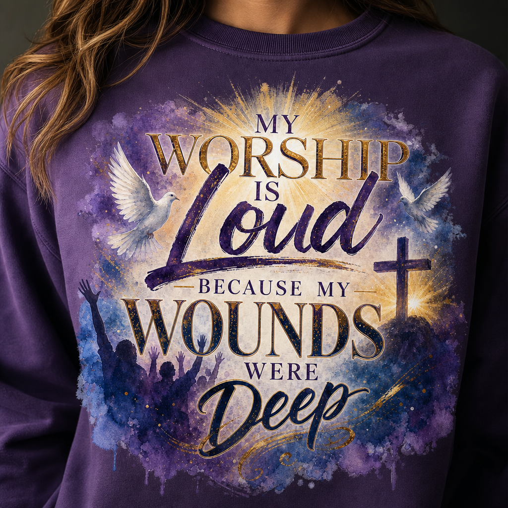 A close-up of a person wearing a purple sweatshirt with a large graphic print. The design features the text 'MY WORSHIP IS Loud BECAUSE MY WOUNDS WERE Deep' in gold and dark purple lettering, surrounded by a watercolor-style scene with white doves, a cross, and silhouettes of people raising hands.