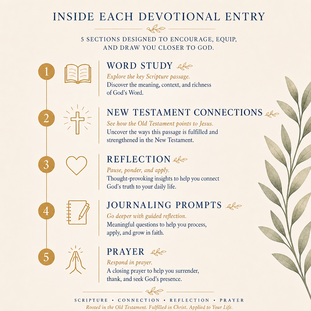 An informational graphic with the heading 'INSIDE EACH DEVOTIONAL ENTRY' on a warm cream background, showing five illustrated sections with icons and text: an open book, a cross with rays, a heart, a notebook, and a praying hand. The text describes devotional entry content such as word study, new testament connections, reflection, journaling prompts, and prayer.