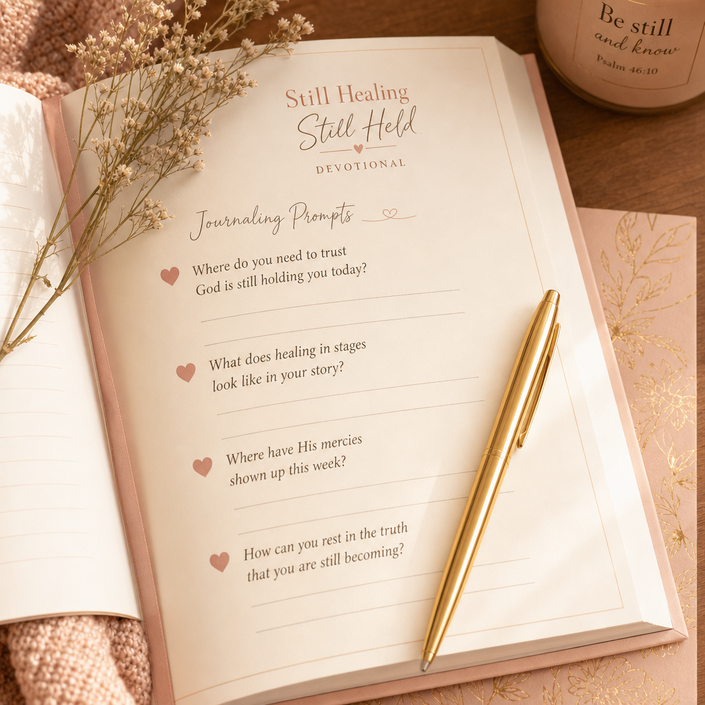An open devotional journal with the title 'Still Healing Still Held' and several prompt questions on the page, styled with a gold pen, dried flowers, and a soft pink blanket.