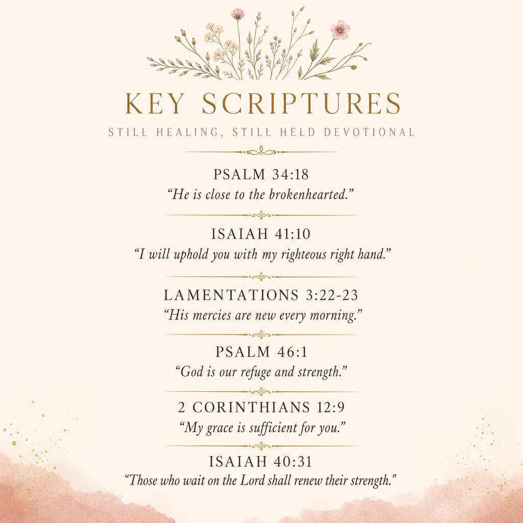 A decorative devotional print titled "KEY SCRIPTURES" with floral illustrations at the top and a list of Bible verses and their verses below on a warm cream background.