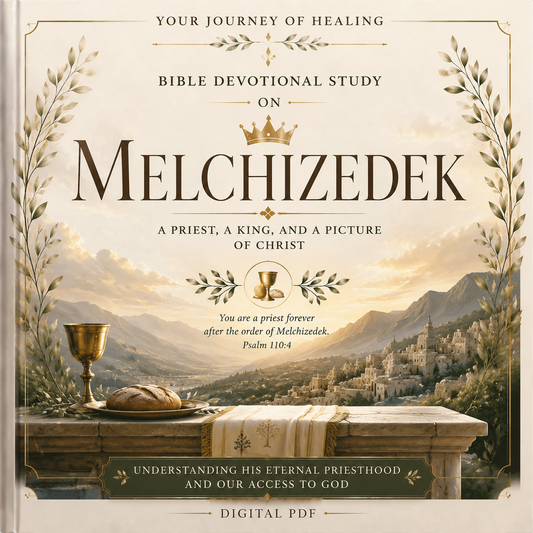 Book cover for a digital PDF Bible devotional study titled 'Melchizedek' with decorative border, mountain landscape illustration, chalice, bread, and text reading 'Your Journey of Healing' and 'Bible Devotional Study on Melchizedek.'.