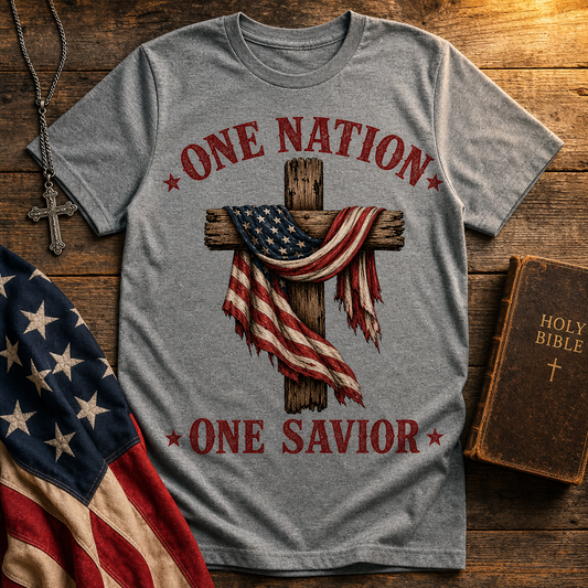 A heather gray graphic t-shirt featuring a distressed wooden cross draped with an American flag, with the text 'ONE NATION' above and 'ONE SAVIOR' below in red. The shirt is displayed in a flat-lay arrangement on a rustic wooden background alongside a Bible, a cross necklace, and an American flag.