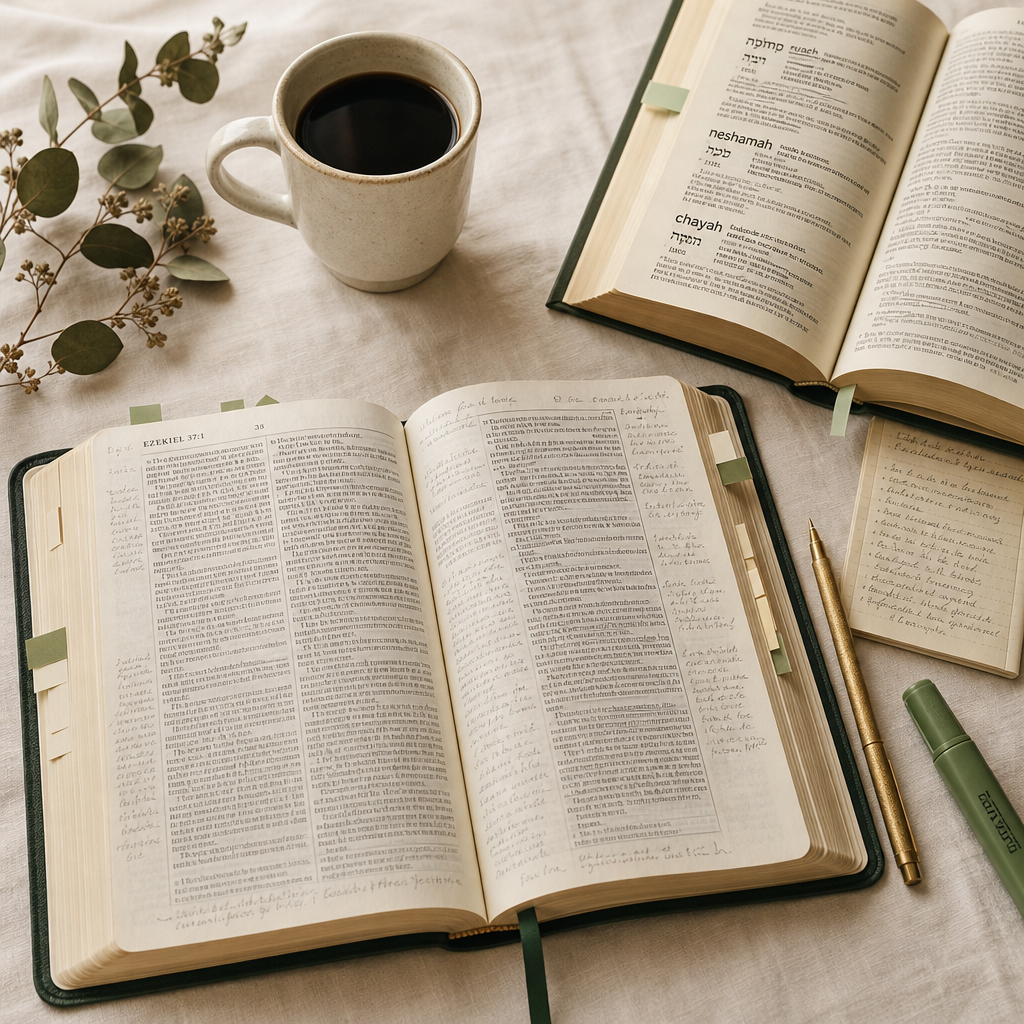 An open Bible with printed text spread open on a light fabric surface, styled with a cup of black coffee, eucalyptus branches, another open book, a small note card, gold and green pens, and ribbon bookmarks. No person or animal is present.