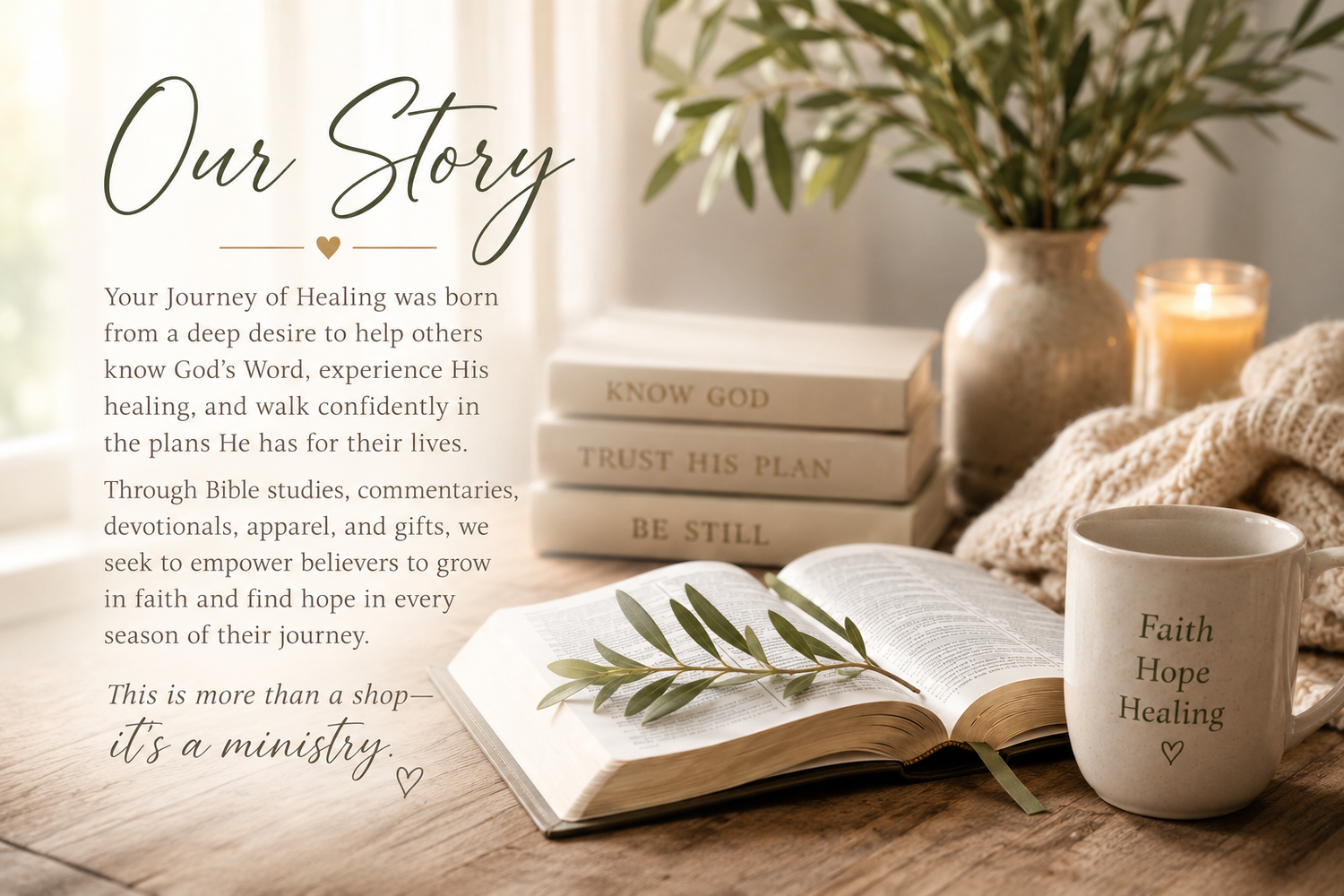A styled interior scene with an open book on a wooden table, a white mug printed with 'Faith Hope Healing,' stacked books, a candle, and a vase with greenery. Large script text reads 'Our Story' with a paragraph of smaller text beside it.