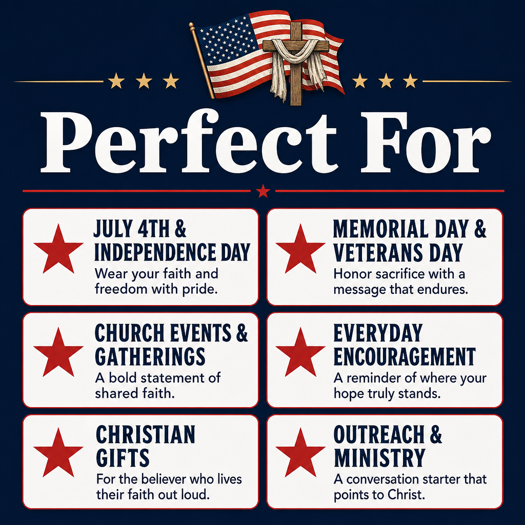A navy blue graphic with the large white text 'Perfect For' and six white rectangular boxes listing occasions and themes: July 4th & Independence Day, Memorial Day & Veterans Day, Church Events & Gatherings, Everyday Encouragement, Christian Gifts, and Outreach & Ministry. An American flag and cross decoration appear at the top.