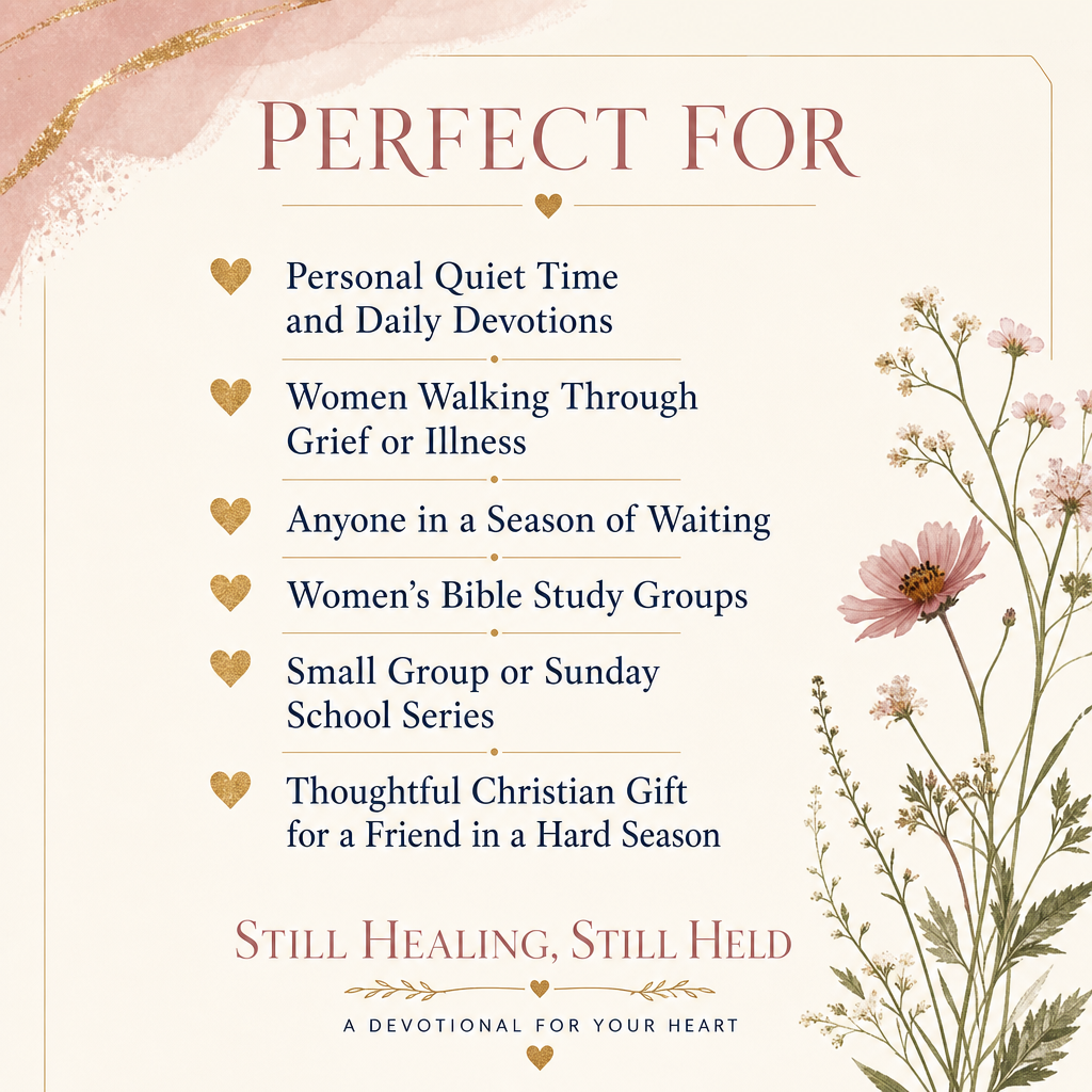 Promotional graphic with the heading 'PERFECT FOR' and a list of uses for a devotional book or guide, including personal quiet time, women walking through grief or illness, those in waiting seasons, Bible study groups, small group or Sunday school series, and thoughtful Christian gift for a friend in a hard season. The design has a cream background, blush pink floral illustration on the right, and gold decorative accents.