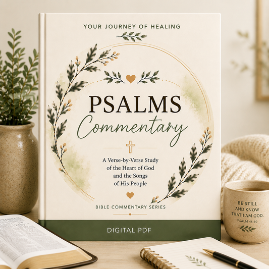 A book-style cover for 'PSALMS Commentary' shown prominently in a styled indoor scene. The cover is cream with a green botanical wreath, black serif and script text, and a dark green band at the bottom reading 'DIGITAL PDF.