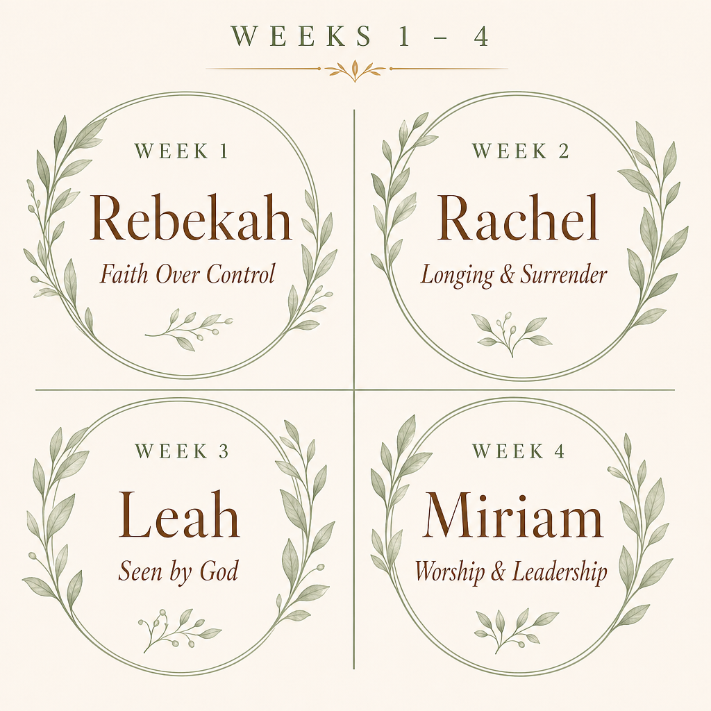 A digital graphic showing four circular labels arranged in a 2x2 grid on a light cream background. The top header reads 'WEEKS 1 - 4'.