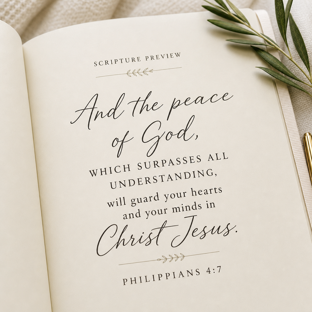An open book or journal page showing a scripture preview with the text 'And the peace of God, which surpasses all understanding, will guard your hearts and your minds in Christ Jesus. Philippians 4:7' in elegant black script and serif typography.