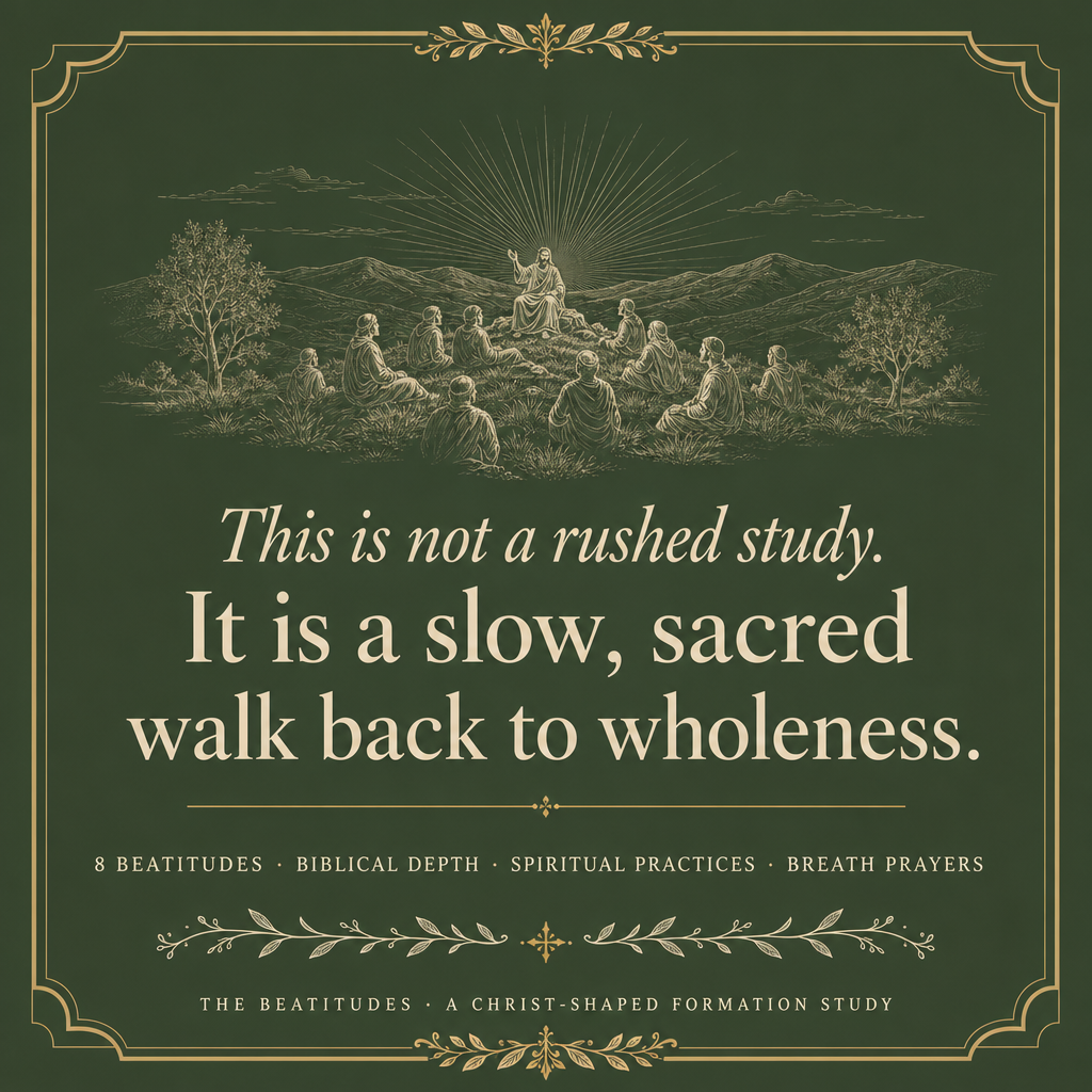 A square book-cover style design with a dark green background and ornate gold border. A sepia-toned illustration of people gathered outdoors appears near the top, above large cream text reading, 'This is not a rushed study.