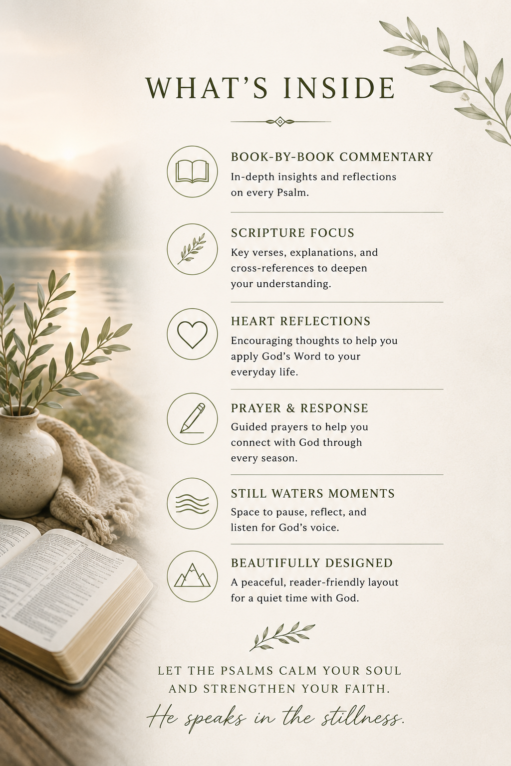 A promotional graphic for a book or journal titled 'What's Inside' with a list of included features such as book-by-book commentary, scripture focus, heart reflections, prayer and response, still waters moments, and beautifully designed pages. The design includes decorative leafy branches, a stone, and an open book on a warm beige background with a softly blurred outdoor scene.