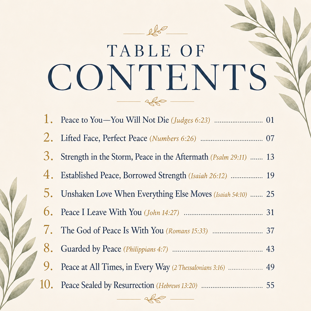 A table of contents page with the title 'TABLE OF CONTENTS' in large navy text, listing ten biblical chapter and verse references with page numbers on a warm cream background with decorative leaf illustrations.