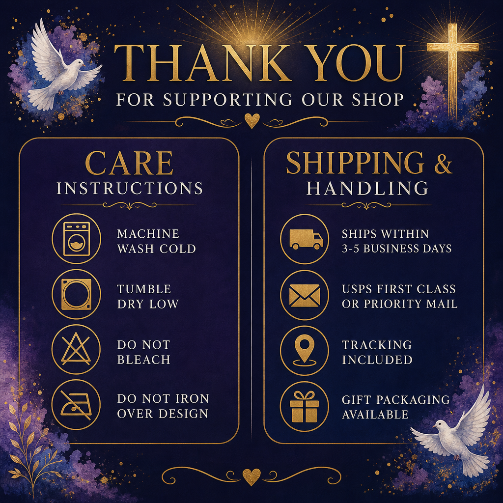 A digital graphic with a dark navy and purple background, featuring gold text that reads 'THANK YOU FOR SUPPORTING OUR SHOP' above two columns of care instructions and shipping information. The design includes decorative elements such as a gold cross, white doves, and purple floral accents.