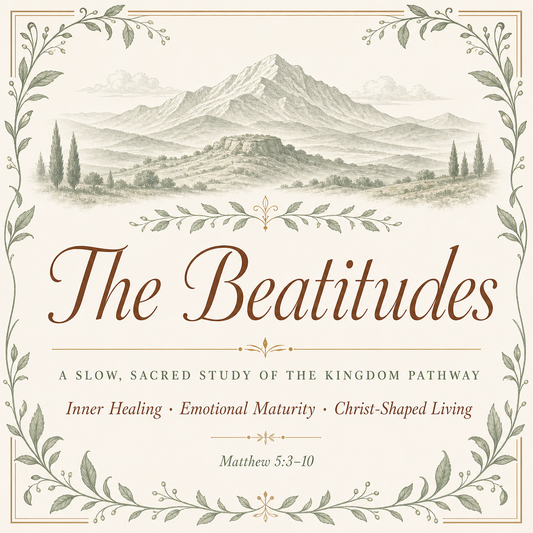 Book cover for 'The Beatitudes' featuring a sepia-toned mountain landscape illustration, ornate leafy border, and elegant serif text on a warm cream background.