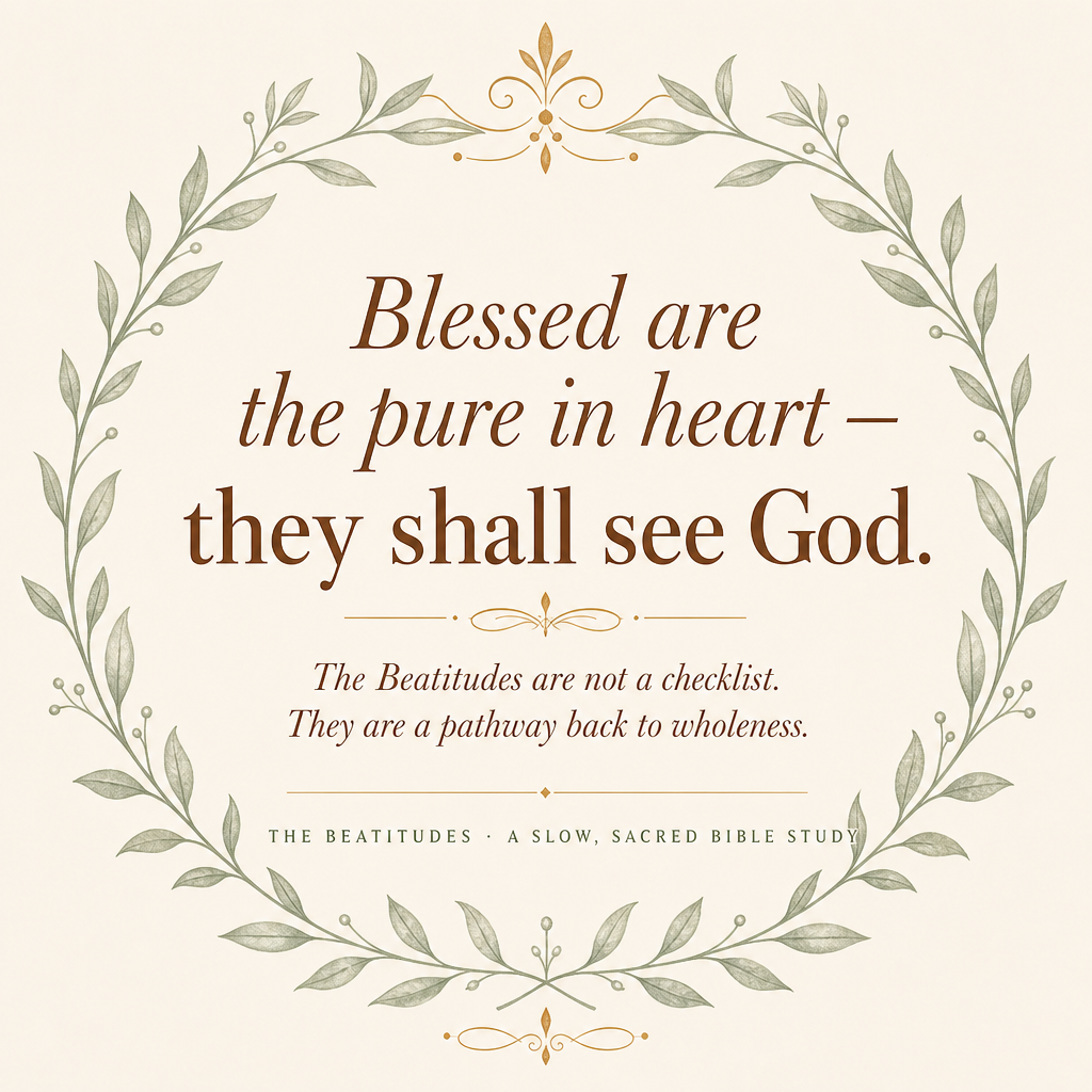 A square book-cover style design with the quote 'Blessed are the pure in heart – they shall see God.' in brown serif text, surrounded by a pale green leaf wreath and gold decorative flourishes on a warm cream background.