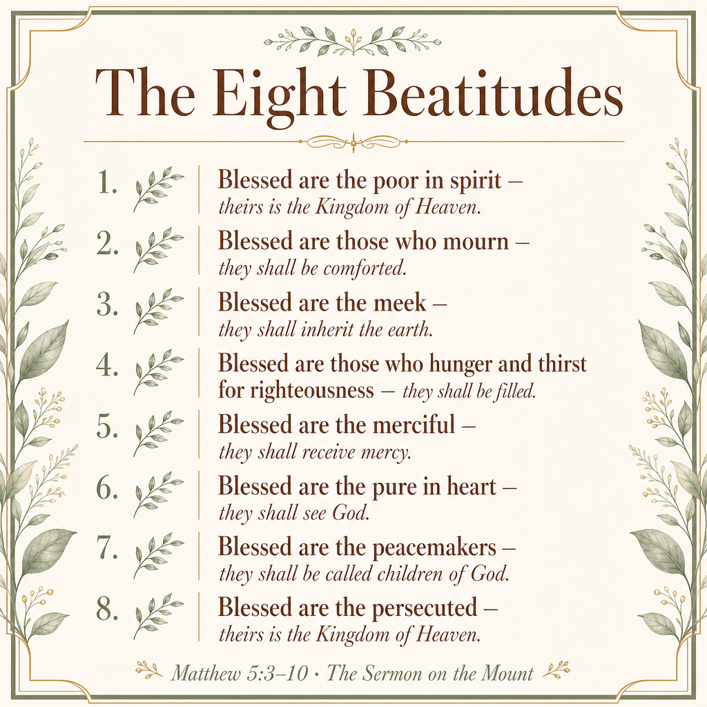 A decorative text poster titled 'The Eight Beatitudes' with a cream background, brown serif text, and illustrated leafy borders. It lists eight blessings with scripture references at the bottom.
