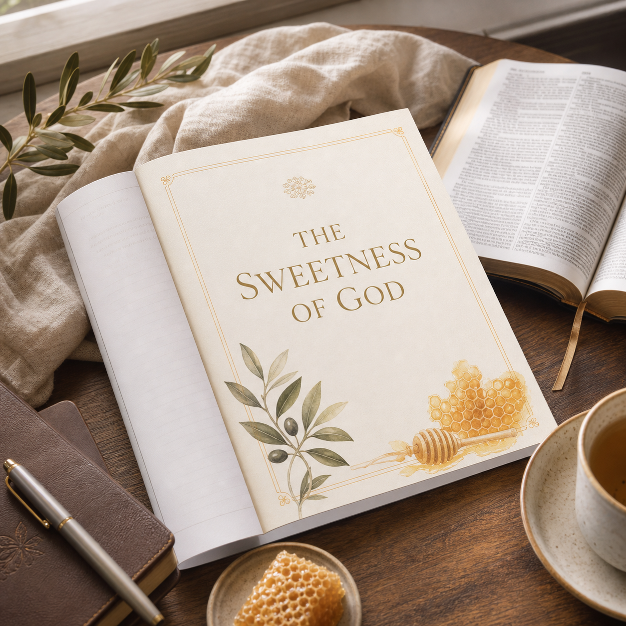 An open book titled "The Sweetness of God" lies on a wooden table, surrounded by a Bible, a cup of tea, a pen, a small notebook, honeycomb, and a draped beige cloth. The cover is cream with gold decorative border lines and botanical illustrations of leaves and honey.
