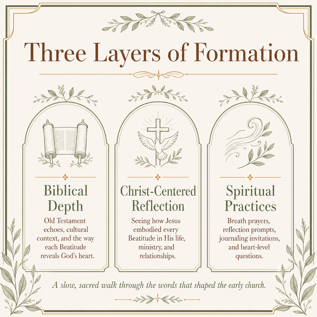 A decorative informational graphic titled 'Three Layers of Formation' with three illustrated arch sections labeled Biblical Depth, Christ-Centered Reflection, and Spiritual Practices, on a cream background with ornate border details.