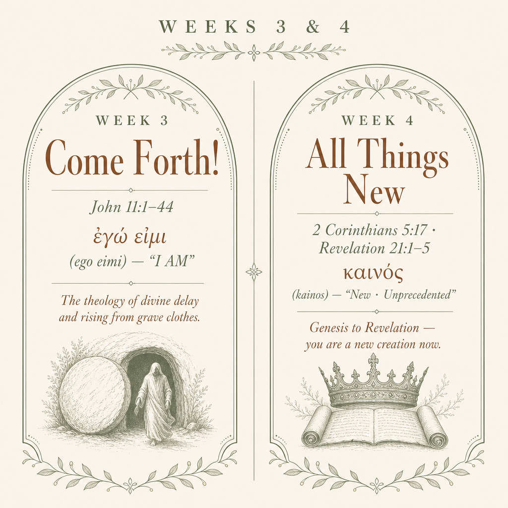 A digital graphic preview of a Bible study workbook cover, featuring two arched panels with vintage typography and illustrations. The left panel is titled 'WEEK 3 & 4 Come Forth!' with scripture John 11:1-44, Greek 'ego cimi', and an illustration of a figure rising from a tomb.