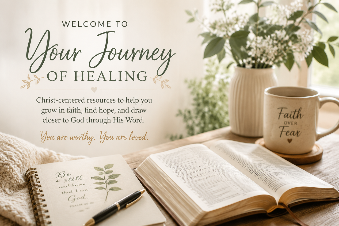 A warm, Christ-centered spiritual welcome scene with an open Bible, a notebook with a pen, a ceramic mug printed with 'Faith over Fear,' and flowers in the background. Large text reads 'Welcome to Your Journey of Healing' with additional comforting scripture.