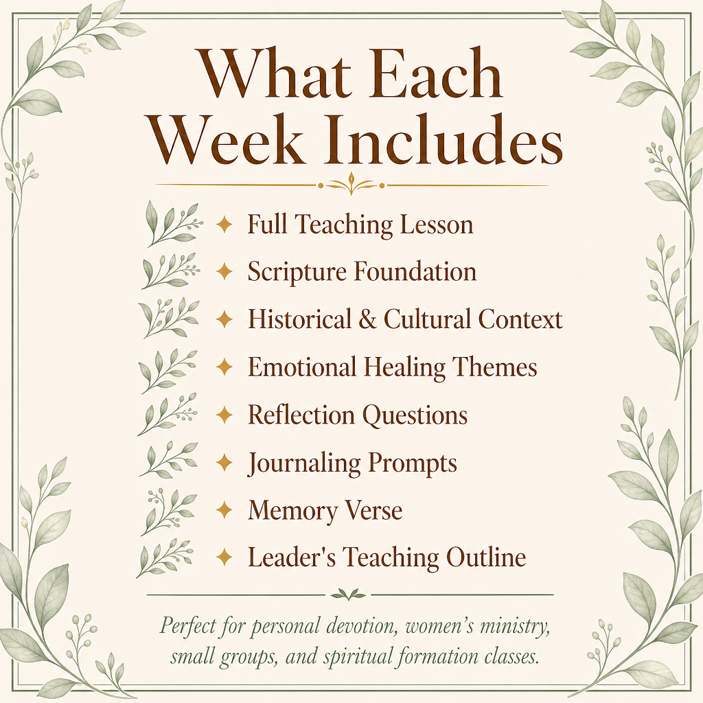 A digital graphic outlining the weekly curriculum, titled 'What Each Week Includes' with a list of lesson and study components on a cream background with botanical leaf borders.
