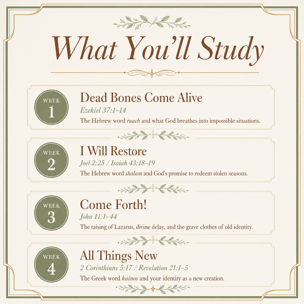 A study plan graphic titled 'What You'll Study' with four weekly sections: Week 1 'Dead Bones Come Alive,' Week 2 'I Will Restore,' Week 3 'Come Forth!,' and Week 4 'All Things New,' each with scripture references and brief descriptions on a cream background with decorative border and leaf motifs.