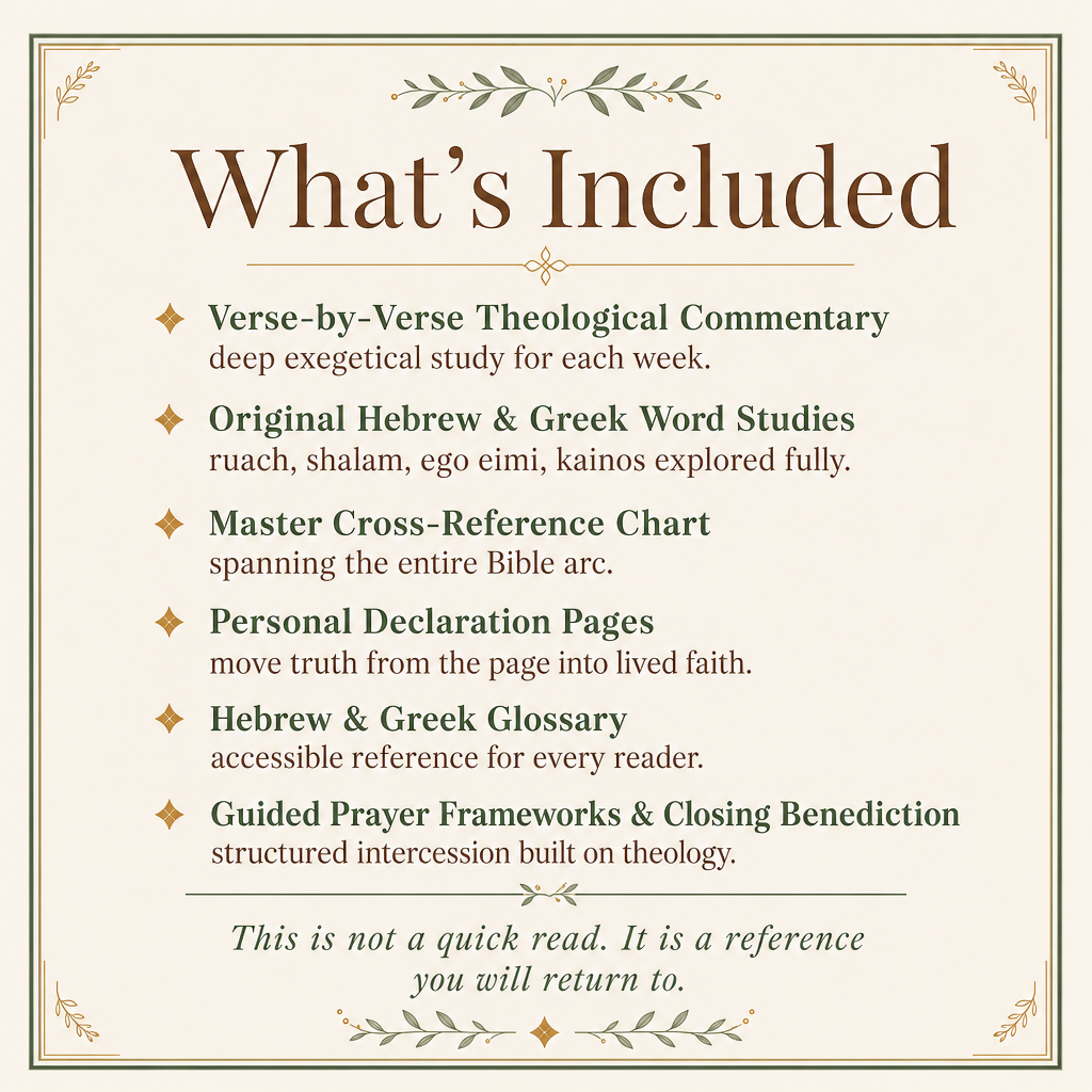 A beige informational graphic titled 'What's Included' with a thin decorative border and leaf motifs. The text lists included items such as verse-by-verse theological commentary, original Hebrew and Greek word studies, a master cross-reference chart, personal declaration pages, a Hebrew and Greek glossary, and guided prayer frameworks.