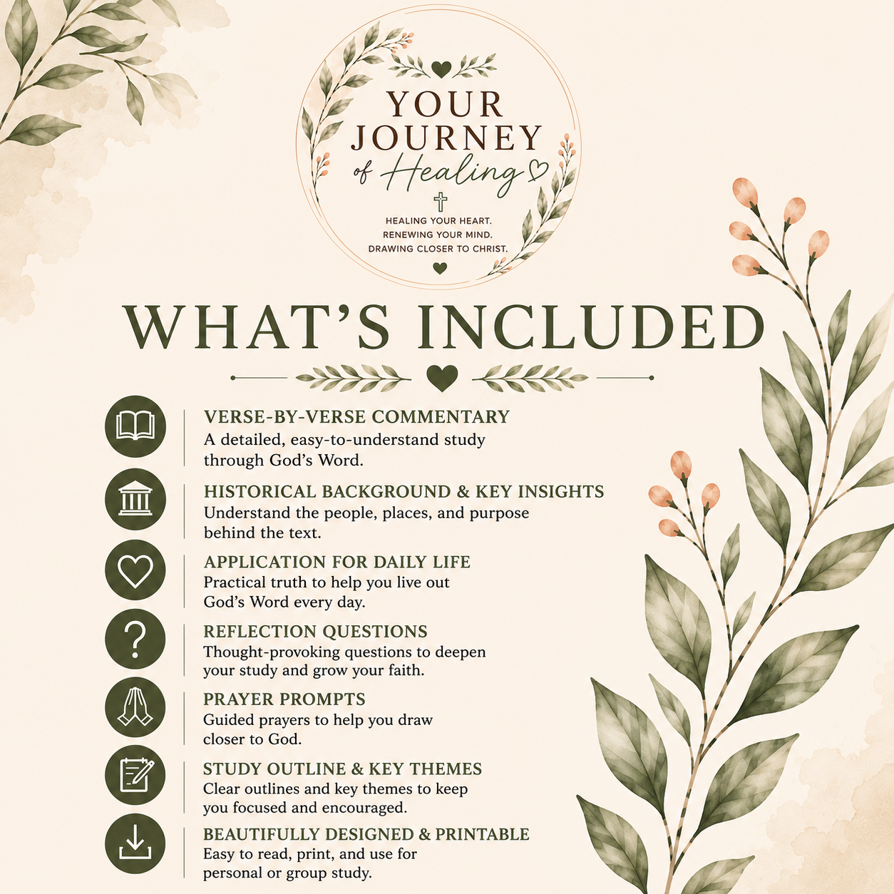 A digital graphic outlining the contents of a study guide titled 'Your Journey of Healing'. The design features a warm cream background with watercolor botanical illustrations on the top and right sides, and a central circular logo.