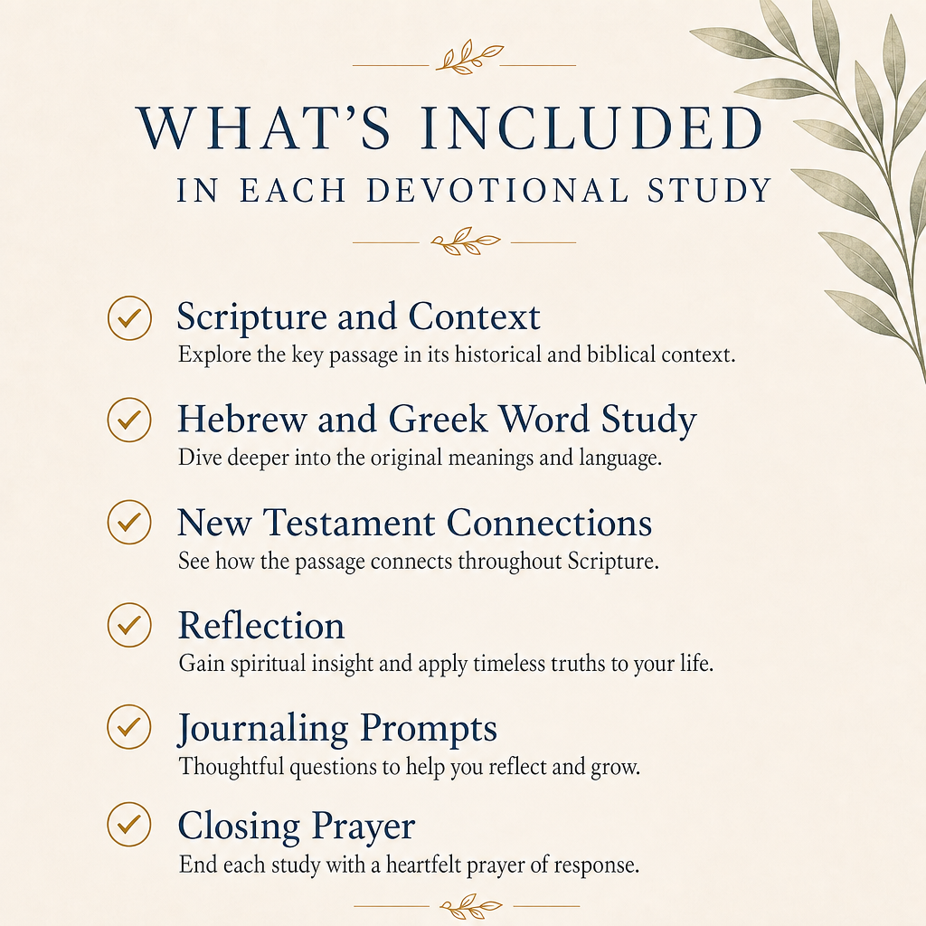 An informational graphic with the heading 'WHAT'S INCLUDED IN EACH DEVOTIONAL STUDY' on a warm cream background, decorated with leaf illustrations. Below are listed study components: Scripture and Context, Hebrew and Greek Word Study, New Testament Connections, Reflection, Journaling Prompts, and Closing Prayer, each with a checkmark and brief description.