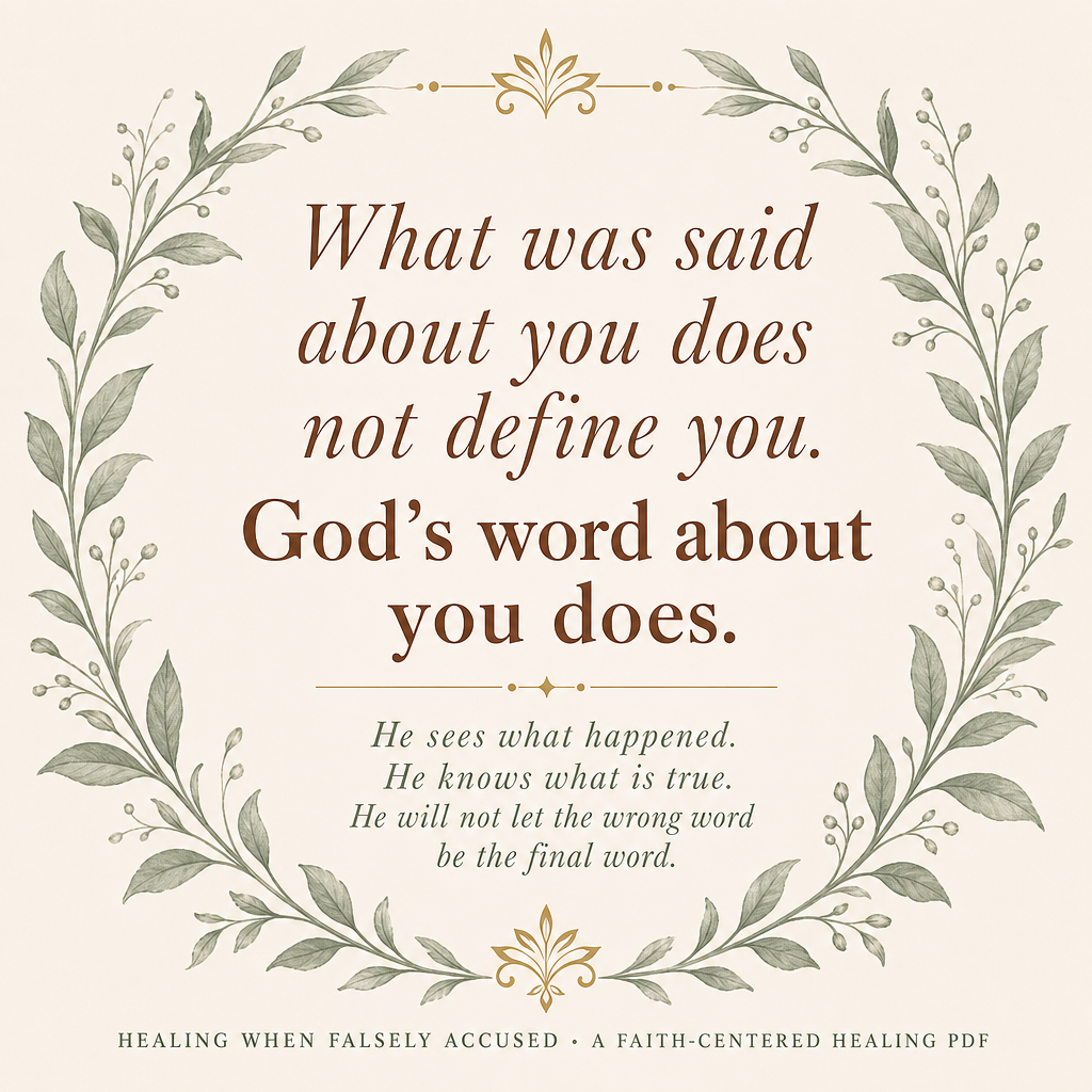 A square digital cover design with a cream background, featuring a decorative wreath made of muted green leaves and gold flourishes around centered text. The main text reads, 'What was said about you does not define you.